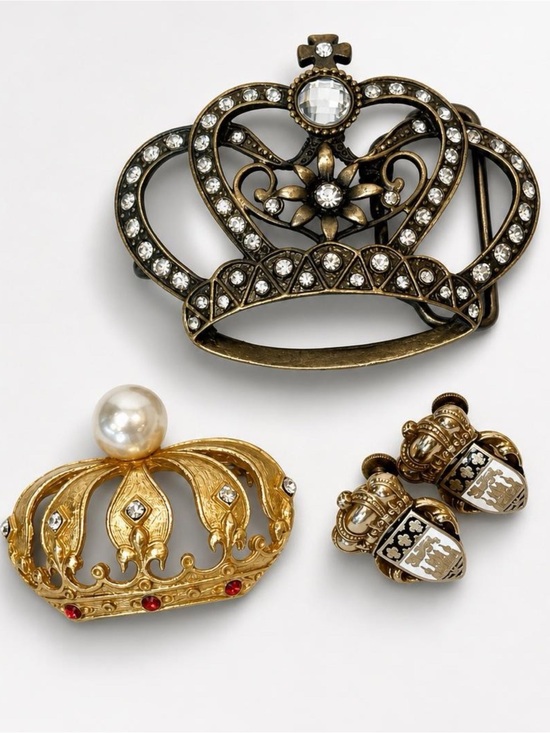 Coro, etc Jewelry - Crown Bundle: Vintage Coro Earrings, Signed Jeweled Brooch, Belt Buckle, 👑👑, EUC